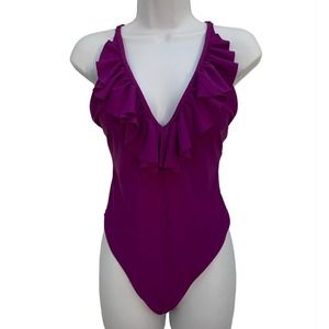 Womens size M (6-8) Bright Purple V-Neck Ruffle Built in Bra One Piece Swimsuit